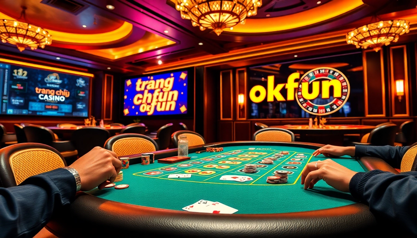 Discover the vibrant atmosphere of trang chủ okfun with players enjoying poker and roulette in a luxurious casino.