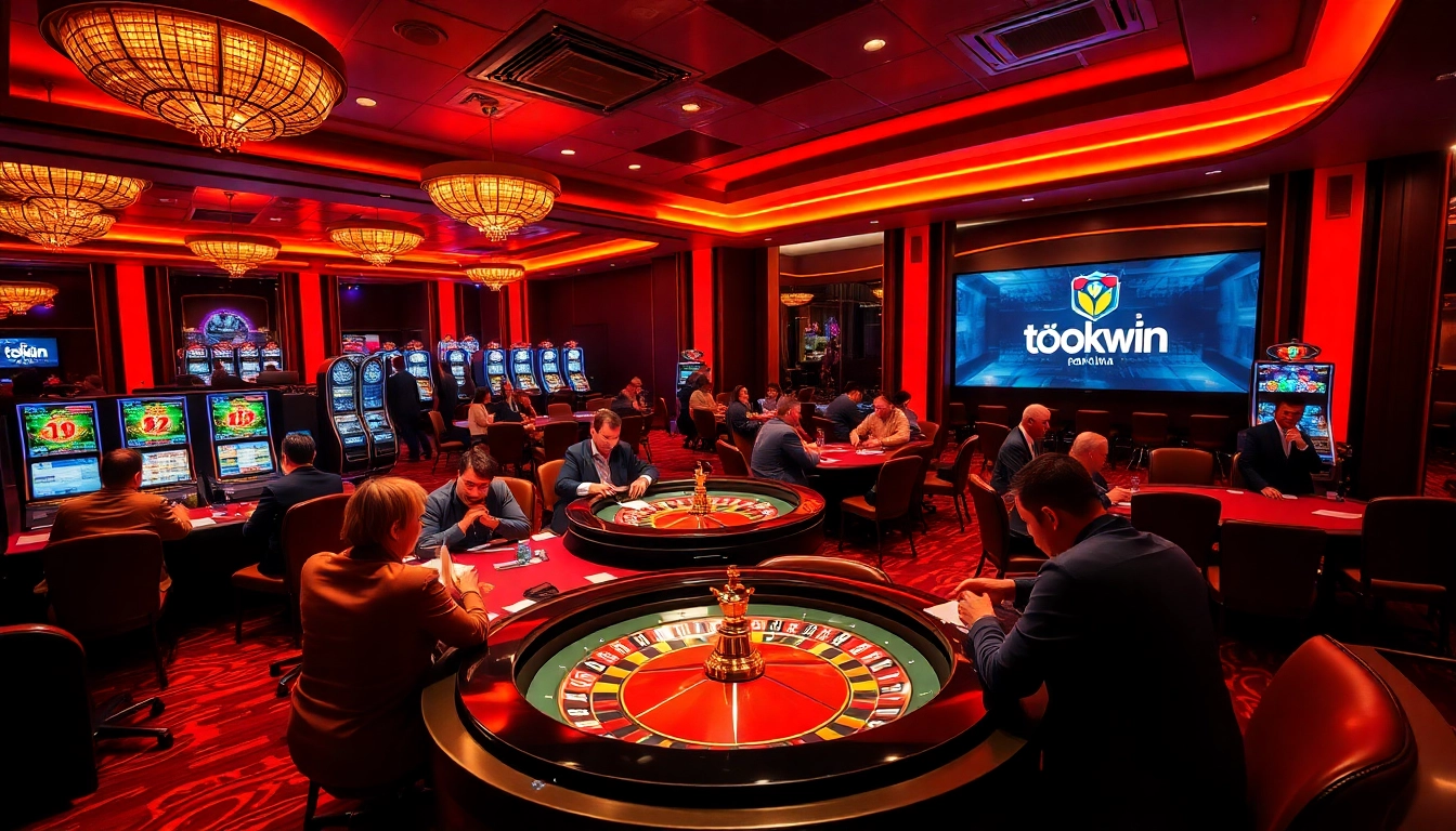 Experience thrilling games at Tập đoàn okwin, showcasing dynamic casino activities and enthusiastic players at poker tables.